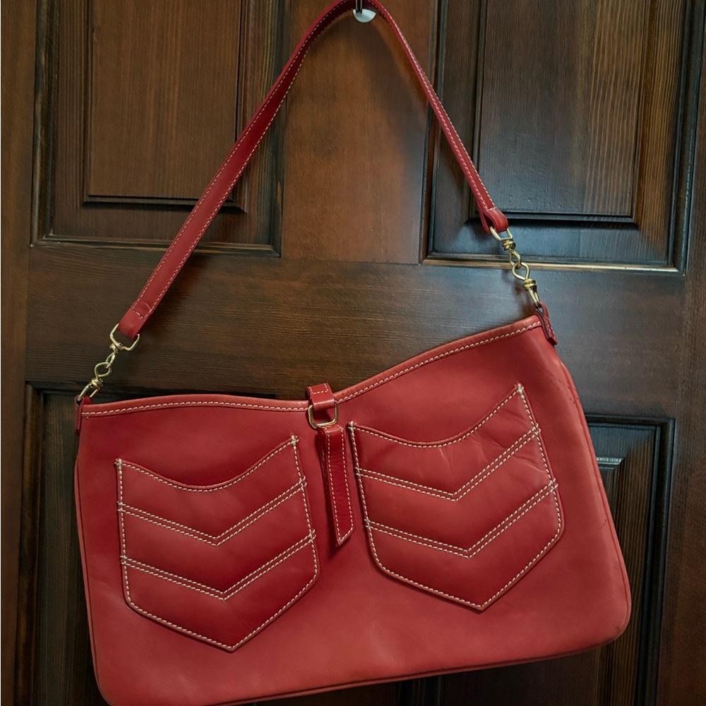 Structured Red Leather Shoulder Bag with Chevron Pocket Detail